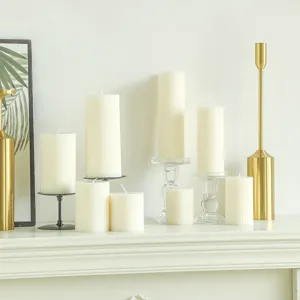 White Nordic striped pillar scented candles detail view for home decor and wedding gifts