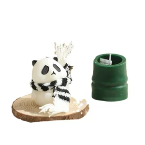 Joli ensemble de bougies parfumées panda avec bougie bambou et socle en bois déco