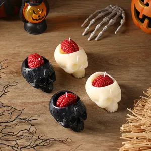Halloween gothic skull scented candle set, creative brain shape wax decor for spooky party.