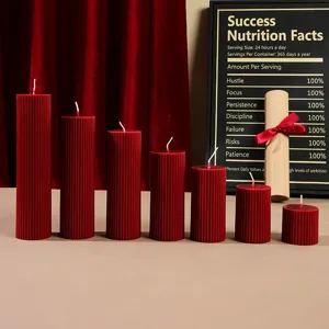 Striped pillar scented soy wax candles set, red cylinder design for Christmas home decor.