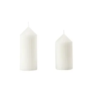 Nordic minimalist white striped pointed pillar candles, set of two geometric scented wax lights.