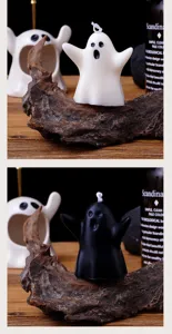 Halloween ghost scented candle, handmade wax candle with spooky design for holiday party decor.
