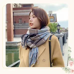 Classic plaid imitation cashmere scarf for women, warm winter neckerchief and cozy shawl.