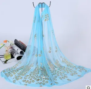 Light blue peacock foil printed silk scarf, sheer beach wrap shawl for women detail view.