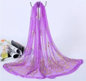 Purple sheer scarf with gold foil peacock pattern, elegant lightweight shawl for women summer.