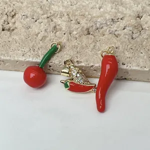 Amuletos de Frutas de Cobre Esmaltado para Fabricación de Joyería DIY Colgantes de Cereza Chile con Strass Accesorios de Joyería de Frutas para Collar Pulsera