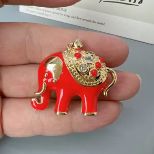 Roter Emaillierter Elefant Anhänger Gold Strass DIY Schmuck Zubehör Halskette Charm Geschenk