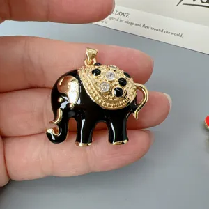 Großer schwarzer Emailelefant Anhänger mit Strass, stilvolles Tier Schmuck Accessoire.