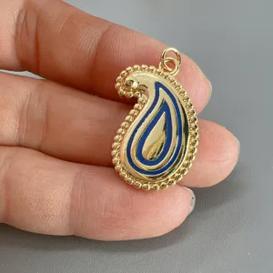 Goldfarbenes Metall Paisley Tropfen Anhänger blaue Emaillierung DIY Schmuck Zubehör für Halskette