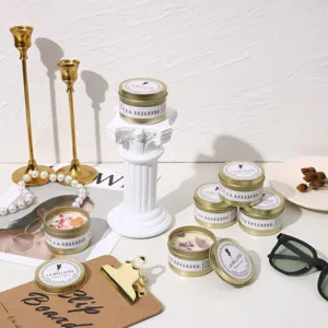 Gold vintage tin scented candle with dried flowers, natural soy wax, creative gift.