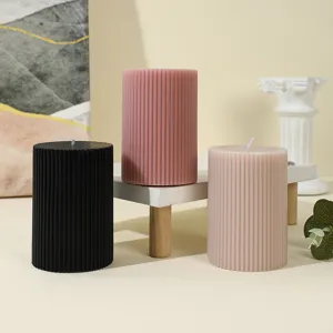 Ribbed pillar soy scented candles set for home decor and cozy atmosphere lighting.