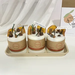 Scented soy wax candles with dried fruit and pinecone decor for home and party use.