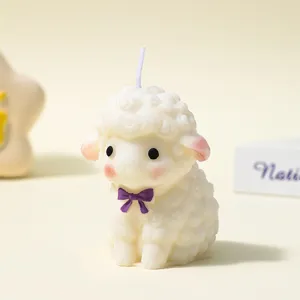 Cute little sheep shaped aromatherapy candle detail, soy wax material with bow tie decor.