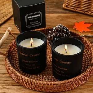 Black glass scented candle set, hand-poured soy wax for home decor, romantic atmosphere.
