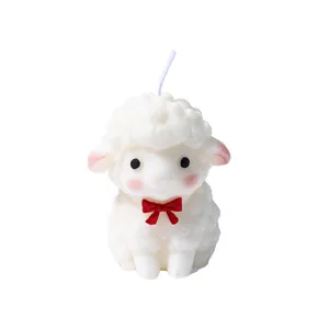 Cute lamb scented candle, handmade soy wax decorative candle with red bow for room decor.