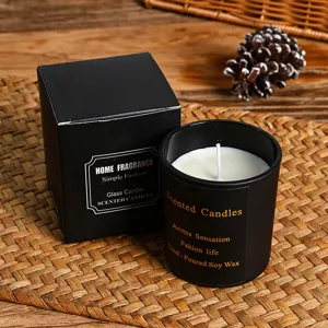 Black scented glass candle for home fragrance, smokeless soy wax candle in gift box.
