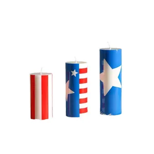 Patriotic pillar scented candles set, red white blue star striped home decor table decoration.