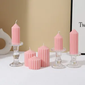 Pink striped pillar scented candles with glass holders minimalist home decor props