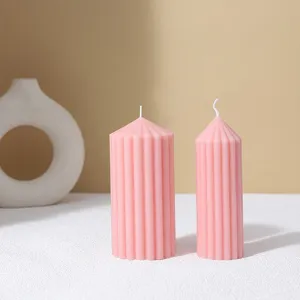 Pink striped pointed cylinder scented candle minimalist home decor ornament prop 2pcs set.