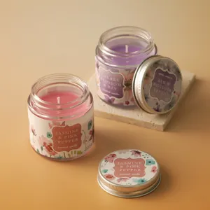Glass jar scented candles set with floral labels, relaxing home fragrance gifts for decor.