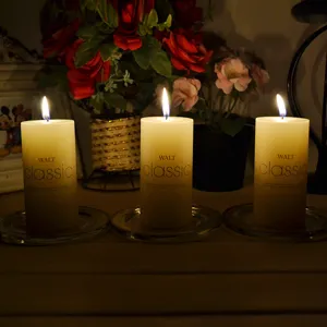 Set of three ivory pillar candles with warm flame on glass trays, ideal for cozy home decor.