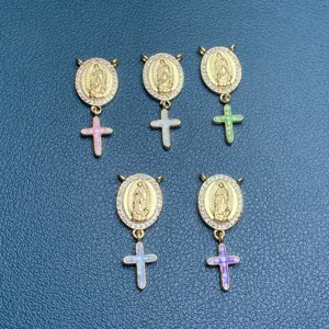 Kupfer Strass Jungfrau Maria Kreuz Anhänger Westlichen Retro Vergoldet Muschel Stil DIY Charms Für Schmuckherstellung Handwerk Zubehör
