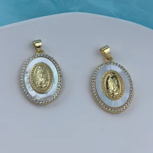 Vintage Jungfrau Maria Anhänger Weißes Perlmutt Zirkonia Eingelegte Vergoldete Kupferlegierung Religiöse Charms Für DIY Halsketten Herstellung