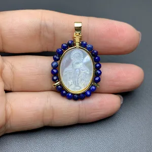 Exquisite lapis lazuli and carved mother of pearl pendant necklace accessory for DIY jewelry.