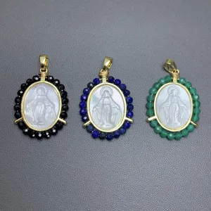 Virgin Mary carved shell pendant with colorful beaded halo and gold plated bail necklace