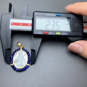 Lapis lazuli mother of pearl Virgin Mary pendant size measurement detail display item.