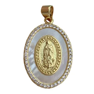 Vergoldeter Perlmutt Zirkon ovaler Anhänger vintage religiöse Halskette Schmuck Zubehör