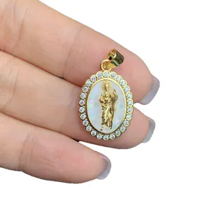 Eleganter ovaler Zirkonia Perlmutt religiöser Porträt Anhänger Halskette für Damen Accessoire