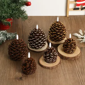 Christmas pinecone LED candle light set, paraffin wax decorative lights with wooden slice bases.