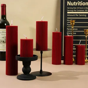 French Vintage Burgundy Striped Pillar Scented Candle Romantic Wedding Home Decor Pillar Wax Candle and Glass Candle Holder