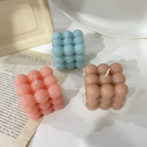 Aesthetic cube bubble scented soy candle, unique geometric aromatherapy decor gift for home.