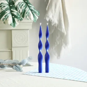 Blue twisted pillar candles set, aesthetic soy wax long taper candle for home decor and party ambiance.