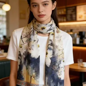 Elegant Floral Print Long Scarf Ink Wash Silk Feel Shawl Detail View Fashion Women