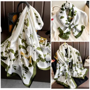 Women Fashion Satin Scarf Large Long Floral Shawl Elegant Floral Print Neckerchief For Summer Beach Travel Accessories