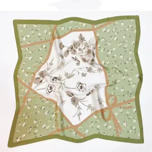 Vintage floral print square silk scarf, elegant green border neck scarf for women style.