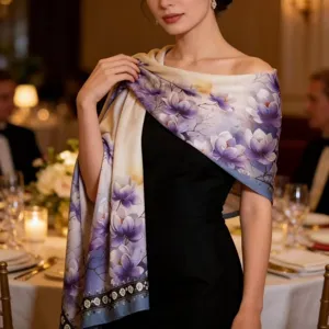 Elegant women's purple floral silk scarf shawl, lightweight long wrap for fashion styling.