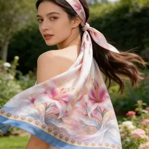 Floral print gauze scarf detail shot, elegant women lightweight fashion neck wrap.