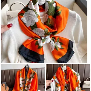 Orange silk scarf with white floral pattern and black border elegant women fashion shawl