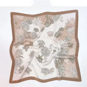 Vintage floral print satin square scarf for women chic neckerchief fashion accessory.