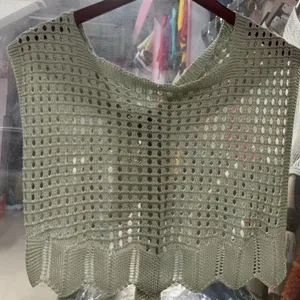 Green knitted hollow shawl women summer solid color versatile sleeveless cover-up top detail