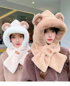 Niedlicher Pluesch Baerenohren Kapuzen Schal Winter warmer dicker Hut stilvolles Accessoire