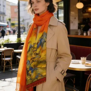 Elegant orange silk scarf with Chinese landscape print, stylish long shawl for women.