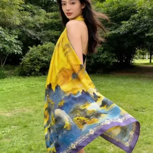 Elegant landscape print silk scarf for women, lightweight shawl for daily fashion.
