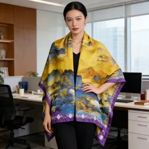 Women landscape print silk scarf shawl, elegant lightweight versatile fashion accessory detail