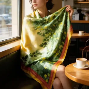 Green and yellow botanical print silk scarf detail, elegant floral pattern women shawl.