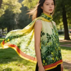 Detailed view of a green leaf print silk scarf, lightweight sheer shawl with elegant design.